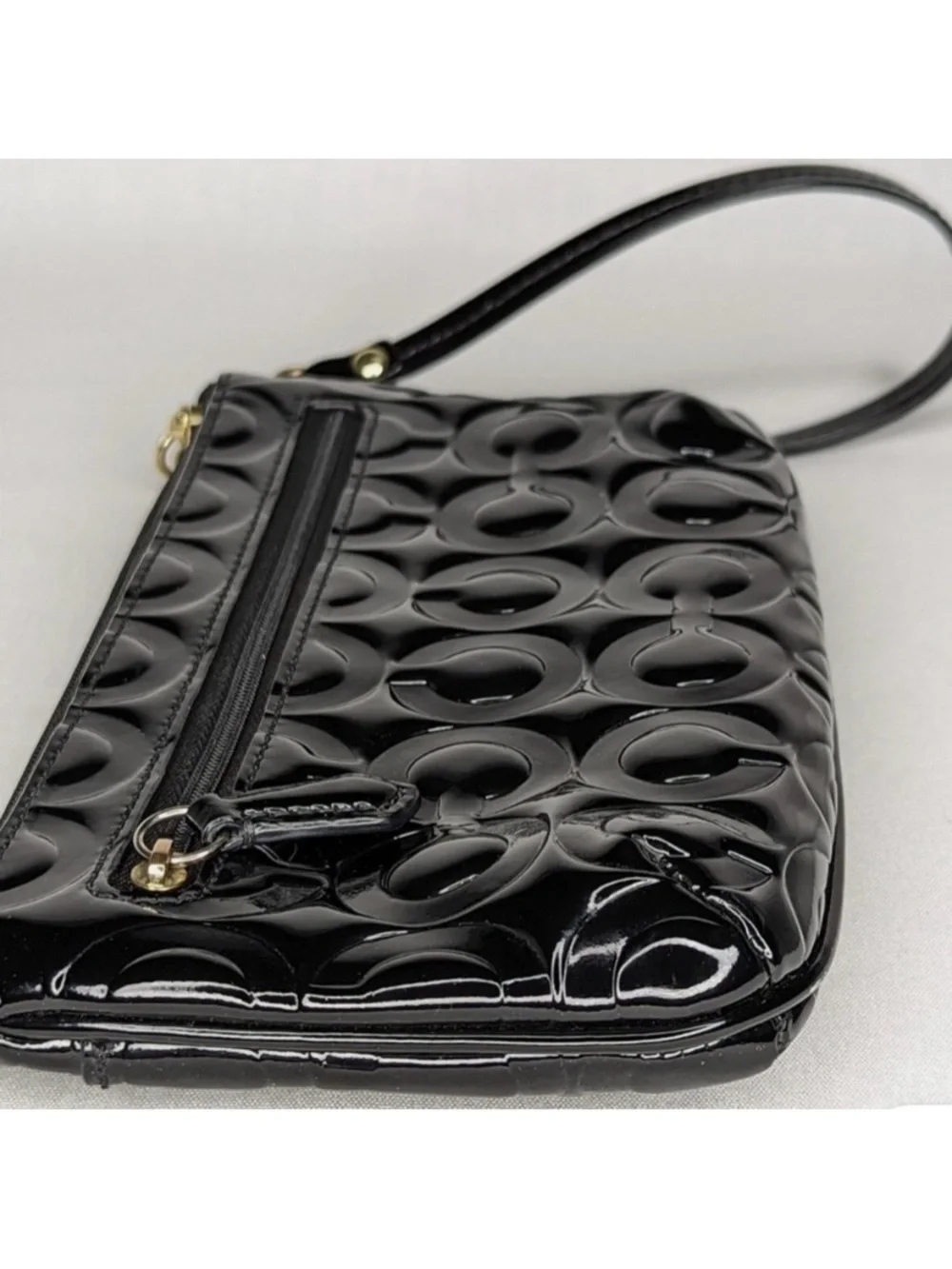 Coach Black Patent Leather Wristlet with Gold-Tone Logo